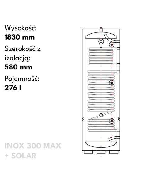ZASOBNIK CIEPŁEJ WODY UŻYTKOWEJ  ZE STALI NIERDZEWNEJ AISI 316,  300 L  MAX + SOLAR